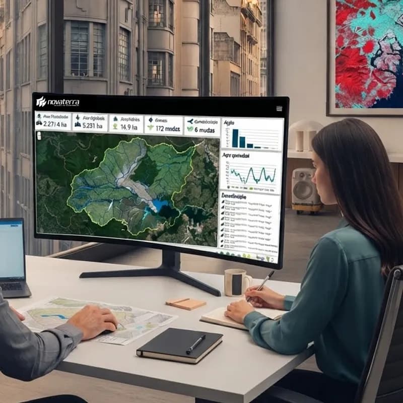 Equipe de engenharia da Novaterra analisando dados de sensoriamento remoto hídrico